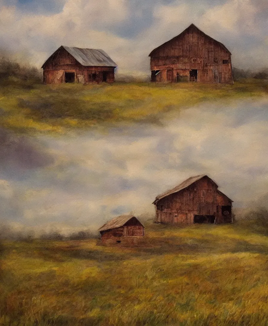 Prompt: a dreamlike painting of a rustic, calm, peaceful countryside with a single barn