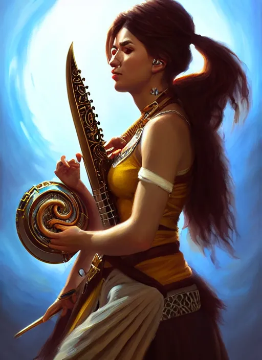 Prompt: a _ fantasy _ style _ portrait _ painting _ of islander female charismatic bard playing instrument, rpg dnd oil _ painting _ unreal _ 5 _ daz. _ rpg _ portrait _ extremely _ detailed _ artgerm _ greg _ rutkowski _ greg