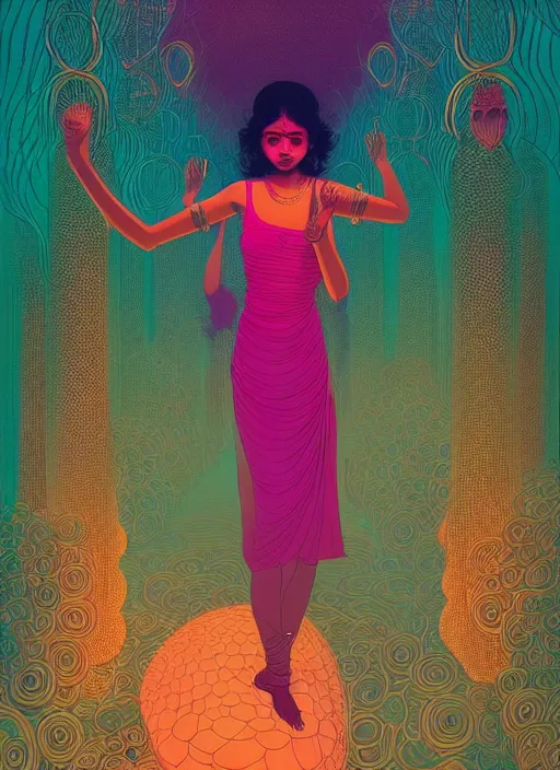 Prompt: sensual beautiful young indian girl in a lbd at a bar, dancing in the background, epic scene, by victo ngai, kilian eng vibrant colours, dynamic lighting, digital art, winning award masterpiece, fantastically beautiful, illustration, aesthetically inspired by beksinski and dan mumford, trending on artstation, art by greg rutkowski, 8 k