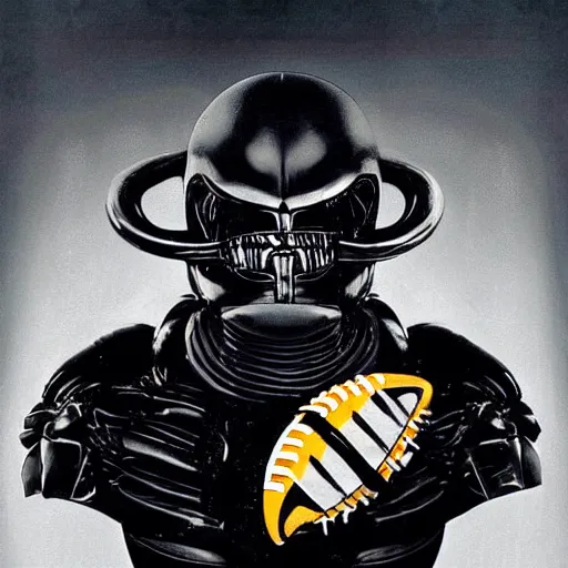 Prompt: portrait of a xenomorph from 'Alien' wearing a Pittsburgh Steelers football helmet