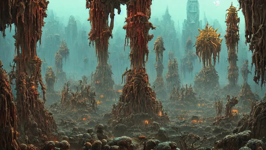 Image similar to the ancient manifestation of evil in a sea of rabid dogs, intricate, detailed, volumetric lighting, sharp focus, scenery, photorealism, digital painting, highly detailed, concept art, by roger dean and simon stalenhag and mark brooks