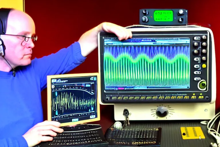 Prompt: an oscilloscope shaking a sound wave, wiggling a weasel, a stoat sinusoid spectacle : the wiggle and the wave - the wiggle is the wave! demonstration of a sine wave ermine.
