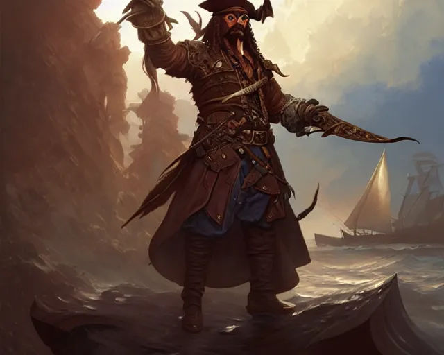 Image similar to male pirate at the helm, deep focus, d & d, fantasy, intricate, elegant, highly detailed, digital painting, artstation, concept art, matte, sharp focus, illustration, hearthstone, art by artgerm and greg rutkowski and alphonse mucha