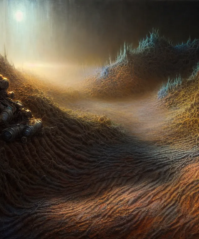 Image similar to hyperrealistic mixed media painting of a dirt trail across a fantasy landscape, stunning 3d render inspired art by P. Craig Russell and Barry Windsor-Smith + dim volumetric lighting, dizzy, full body, 8k octane beautifully detailed render, post-processing, extremely hyperdetailed, intricate, epic composition, grim yet sparkling atmosphere, cinematic lighting + masterpiece, trending on artstation, very very detailed, masterpiece, stunning