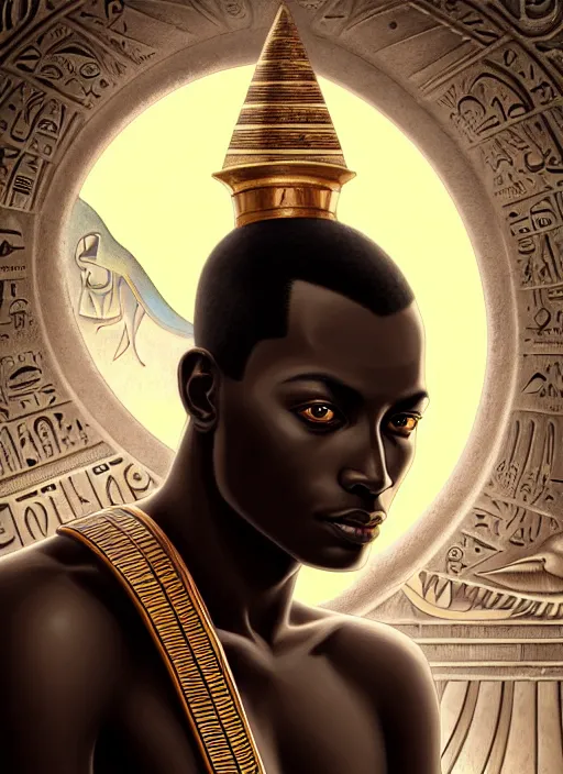 Image similar to close up portrait khonsu moon god, egyptian symbolism, dark black skin, no pupils, handsome sub - saharan african man by artgerm, cushart krenz, greg rutkowski, mucha. art nouveau. gloomhaven, pale colors, sharp edges. ultra clear detailed. 8 k. elegant, intricate, octane render