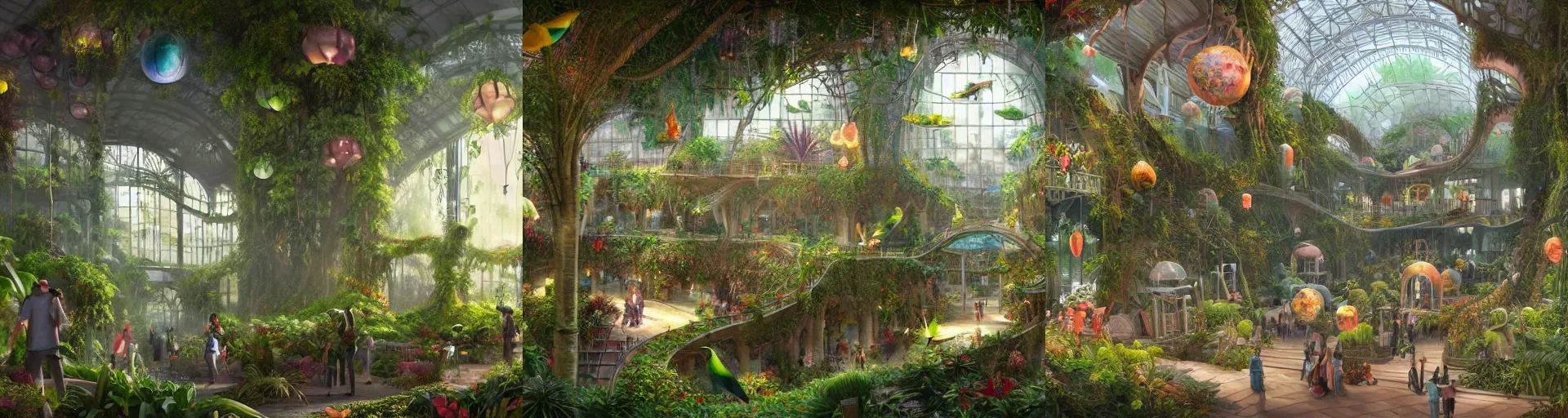 Prompt: Matte painting of the interior view of giant botanical museum. Solarpunk architecture. Colorful birds flying. Exotic plants. Overgrown vines. Paper lanterns. Peoples and robots walking and relaxing. Fantastical, detailed digital art trending in artstation