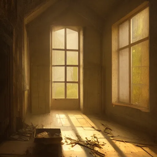 Prompt: the interior of an old abandoned house, an oak tree grows inside, golden rays of sunlight enter through the window, digital art, trending on artstation, matte painting, concept art, drawn by greg rutkowski, inspired by johannes vermeer, warm colors