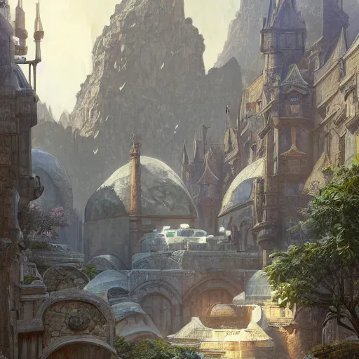 Image similar to A wide open courtyard in a beautiful dwarven city made of marble, underground cave, stone roof, lustrous minerals, a fantasy digital painting, artstation, concept art, sharp focus, illustration, art by greg rutkowski and alphonse mucha