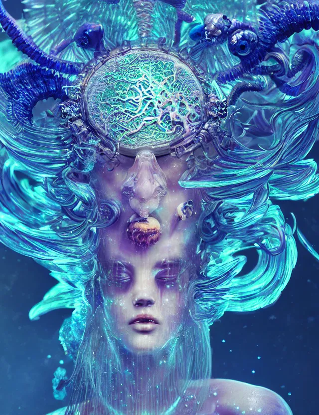 Image similar to goddess macro close - up portrait in crown made of ram skull. betta fish, jellyfish phoenix, bioluminiscent, plasma, ice, water, wind, creature, super intricate ornaments artwork by tooth wu and wlop and beeple and greg rutkowski