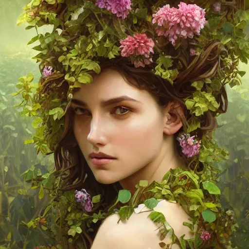 Prompt: a gorgeous young woman covered in plants, flowers and vine being one with her body, human plant hybrid, nature, intricate, headshot, highly detailed, digital painting, artstation, concept art, sharp focus, cinematic lighting, illustration, art by artgerm and greg rutkowski, alphonse mucha, cgsociety