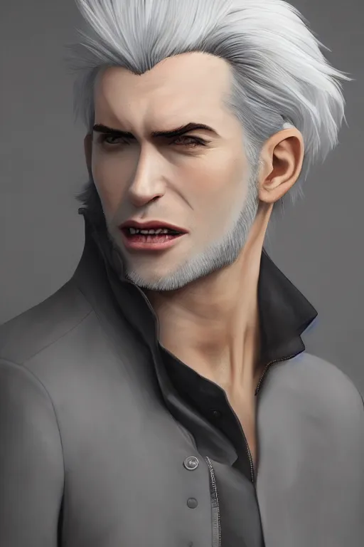 Image similar to highly detailed painting of a smug smiling male vampire by kuvshinov Ilya and Roset Conrad, handsome face, dark coat, white hair, golden eyes, highly detailed, trending on artstation, cgsociety, pixiv, 4k, 8k, HDR, octane render, unreal engine