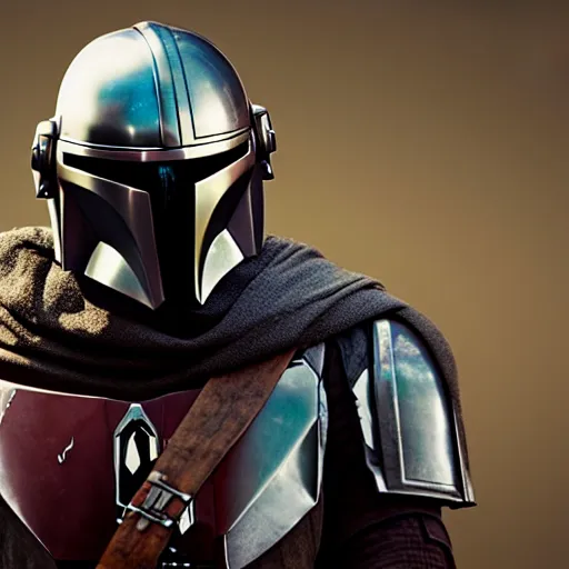Prompt: the mandalorian in medieval armor, star wars, looking at viewer, very detailed, octane render, portrait photography, 8 k