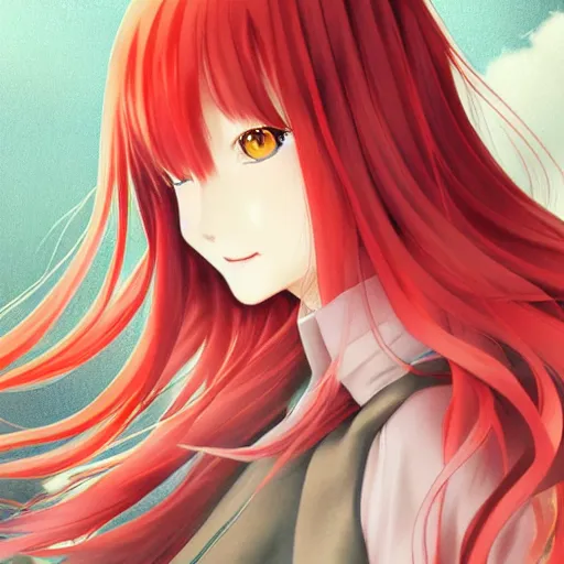 Image similar to An ultradetailed portrait close-up Japanese girl with red long hair, nekomimi, symmetrical facial features, digital art, cel shading, dreamy and ethereal, by Shinkai Makoto ,Kyoto Animation, anime illustration, trending on Pixiv.