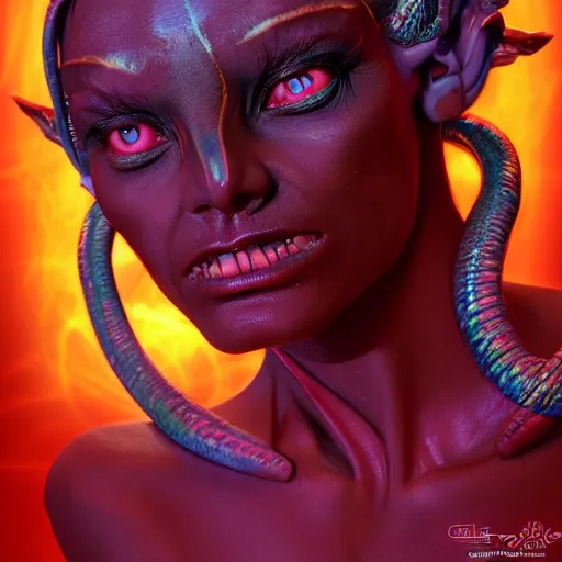 Image similar to Photorealistic demon goddess In the style of Michael Whelan. Hyperdetailed photorealism, 108 megapixels, amazing depth, glowing rich colors, powerful imagery, psychedelic Overtones, 3D finalrender, 3d shading, cinematic lighting, artstation concept art