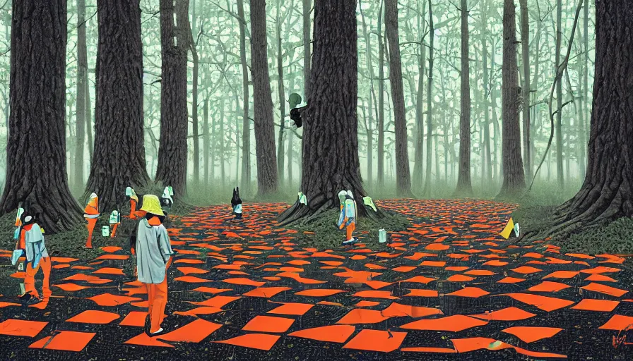 Image similar to safety cones scattered around an oak tree forest checker board forest floor, by james jean by ilya kuvshinov kintsugi, hyper detailed surrealist painting