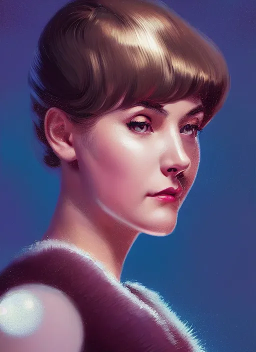 Image similar to portrait of betty cooper with fluffy bangs, bangs, 1 9 6 0 s, ponytail, curly bangs and ponytail, rounder face, intricate, elegant, glowing lights, highly detailed, digital painting, artstation, concept art, smooth, sharp focus, illustration, art by wlop, mars ravelo and greg rutkowski