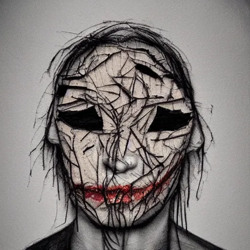 Image similar to face shredded like paper masks, horror, surreal, drawing, painting