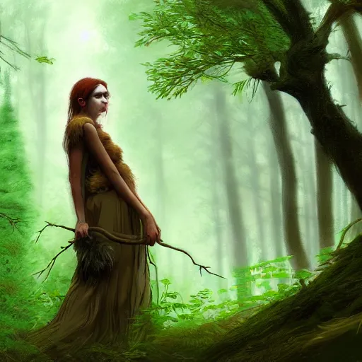 Image similar to a female woodland druid surrounded by forest animals, in the woods, hyper realistic, digital painting, photorealistic, in the style of greg rutkowski, detailed