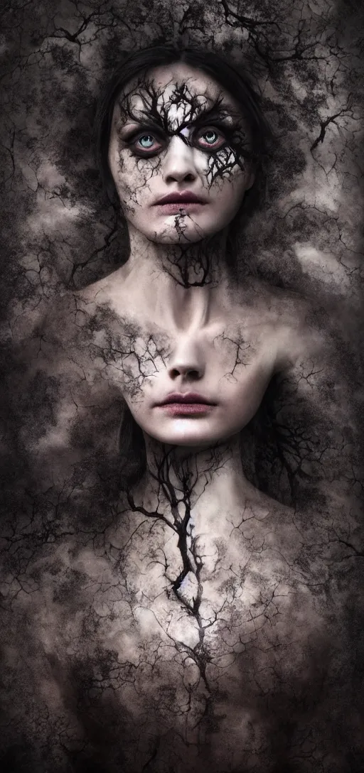 Image similar to dramatic matte portrait painting of woman with black mandelbrot fractal instead of face, horror, body horror, dark art, 4 k, detailed, realistic, psychotic, insane, crazy, mental illness, dramatic,