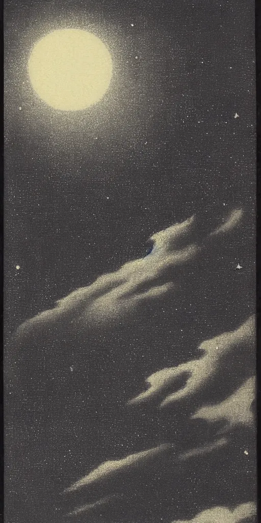 Image similar to painting of the night sky by kitano tsunetomi, 1 9 3 9, monochromatic