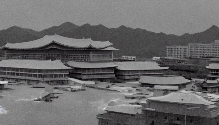 Image similar to a film still of a north korean monster movie, kaiju - eiga monster starfish - like over traditional korean palace split in half, film noir, video compression, ripple effect
