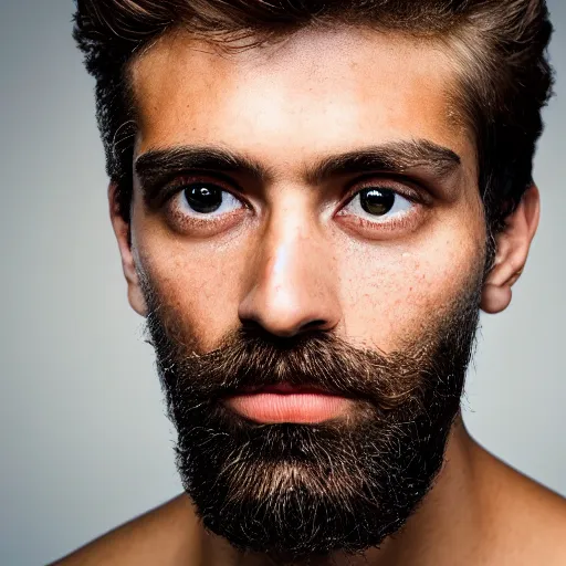 Image similar to the diamond shaped face of a lightly tanned, young and handsome man is looking directly at the camera. He has short blonde curly hair, aquiline nose, full black beard, thick full lips, dark green eyes, freckles. Portrait photography in the style of annie leibovitz, 8k portrait photograph.