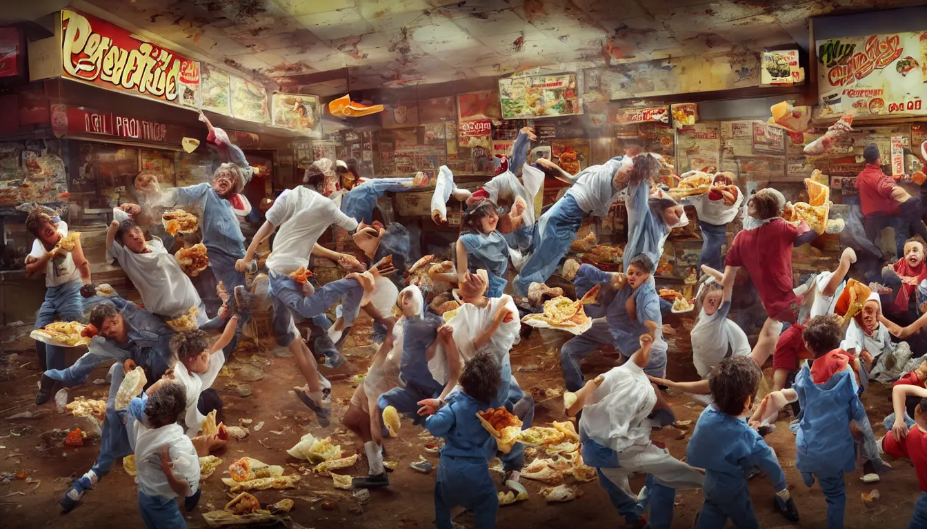 Prompt: in a dirty fast food restaurant disheveled children in rags obese men in suits and old people fighting over piles half eaten rotting fast food, money thrown and floats in the air, hyper realistic photo, full colour, upscale, 8 k, masterpiece,