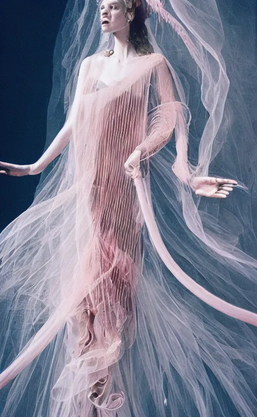 Image similar to Fashion photography of a woman wearing a dress inspired by a jellyfish, artistic photography, insanely detailed, chiaroscuro, cinestill 800t, Vogue magazine