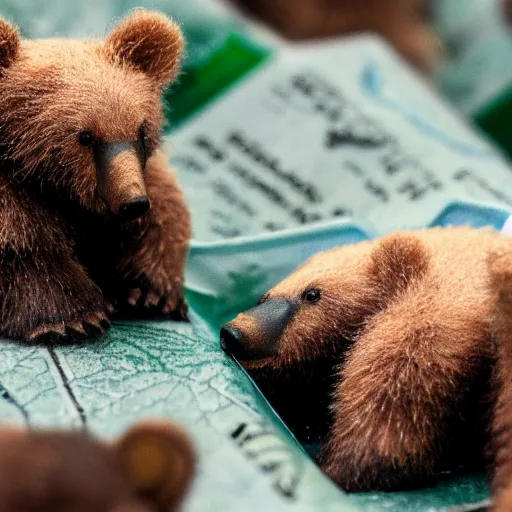 Image similar to macro shot photograph of dozens of extremely tiny realistic looking bears inside of a plastic tiny bears product food bag package, 4 k, highly detailed