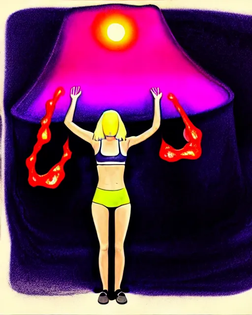 Image similar to bemused to be momentarily sacrificed by a flesh-eating blob creature, hands restrained above her head, a young woman with medium length bright blonde hair and slender figure in a black silk tank top and navy blue gym shorts in complete focus, looking upwards in a room of lava lamps, complex artistic color ink pen sketch illustration, professional composition, subtle detailing, gentle shadowing, fully immersive reflections in her eyes, concept art by Artgerm and Range Murata in collaboration.