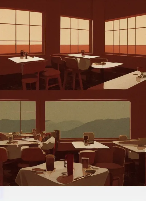 Prompt: Twin Peaks poster artwork by Michael Whelan and Tomer Hanuka, Rendering of empty diner interior, clean, no people, deserted, empty!!! from scene from Twin Peaks, full of details, by Makoto Shinkai and thomas kinkade, Matte painting, trending on artstation and unreal engine