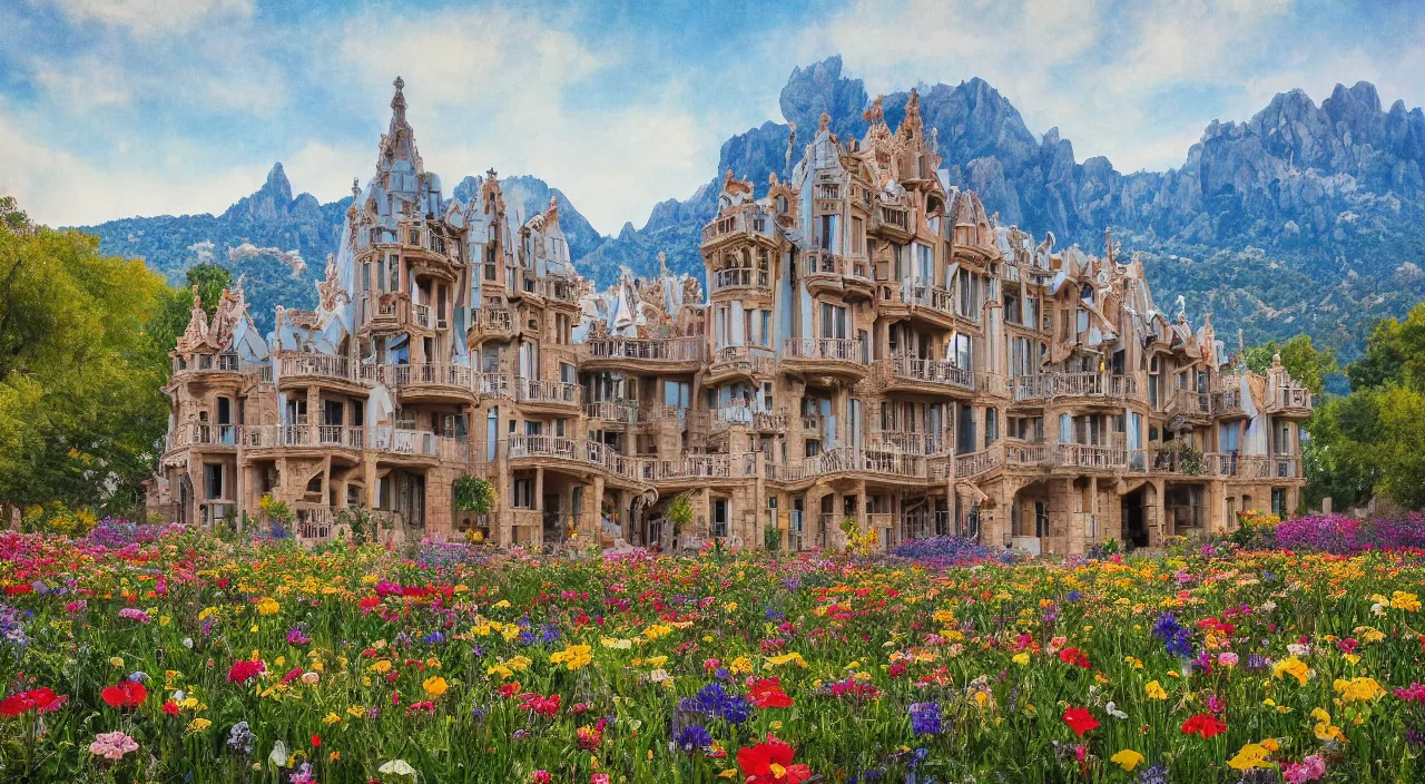 Prompt: a manor designed by Antoni Gaudí, with flower fields as foreground, with mountains as background, trending on artstation