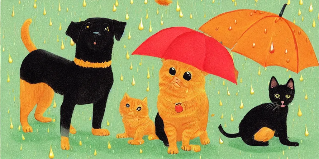 Image similar to a black dog and an orange tabby kitten standing in the rain by richard scarry