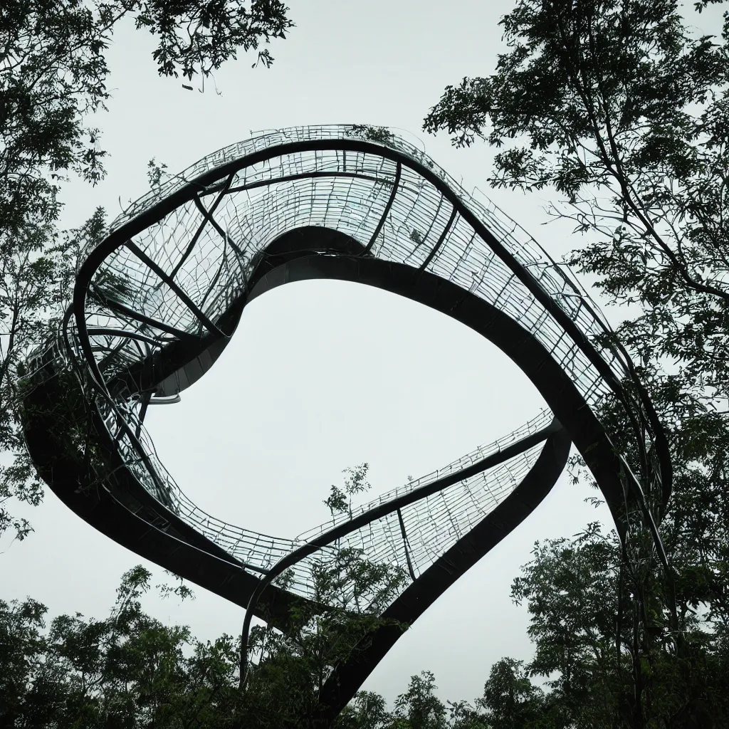 Prompt: hyper realistic, very high helix shaped observation tower made by metal in forest, wide angle shot, future design, extremely realistic, architecture design, parametric architecture, environment, sunset, foggy, cinematography, mega scans, cinematic, hyper realistic, photo real, cinematic composition, highly detailed,