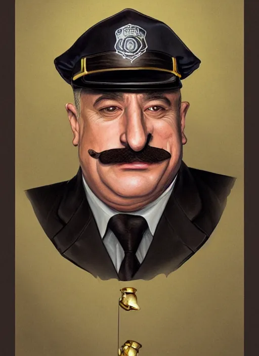 Prompt: portrait of a fat and bald Robert deniro with a mustache as a policeman, highly detailed, centered, solid color background, digital painting, artstation, concept art, smooth, sharp focus, illustration, Jason Edmiston, donato giancola, Joseph Christian Leyendecker, Les Edwards, Ed Repka, WLOP, Artgerm