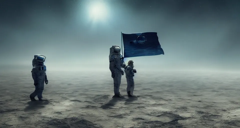 Image similar to astronaut holding a flag in an underwater desert. a submarine is visible in the distance. dark, concept art, cinematic, dramatic, atmospheric, 8 k, trending on artstation, blue, fish, low visibility, fog, ocean floor, christopher nolan, interstellar