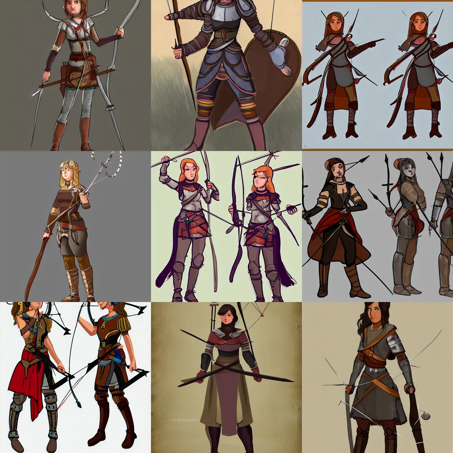 Prompt: long shot character concept art of a standing cute young woman dressed as a medieval archer