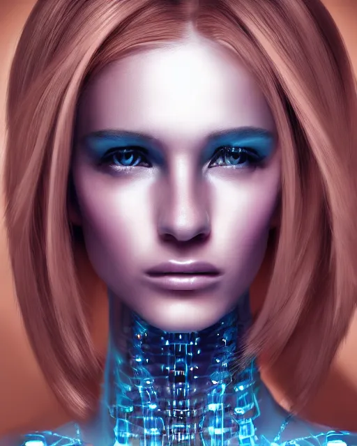 Image similar to fashion portrait, most beautiful girl in the world, glowing cybernetic augments, hyperrealism, year 2447, cdx