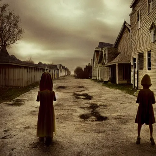 Prompt: Stunning 35mm empty town full of ghostly children floating above the houses, photography, surrealism, dark, Crewdson, Gregory