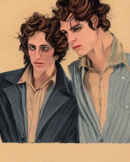 Prompt: two beautiful but sinister young men wearing oxford shirts in layers of fear, with haunted eyes and wild hair, 1 9 7 0 s, seventies, wallpaper, a lot of blood, moonlight showing injuries, delicate embellishments, painterly, offset printing technique, by brom, robert henri, walter popp