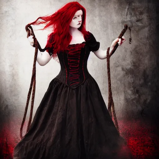 Prompt: dark schizophrenia portrait, death not dresses body red head woman in medieval dress, strangled with rope, blur effect face, victorian style, high detail