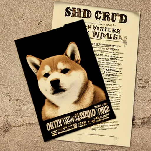 Image similar to shiba inu wanted poster old timey wild west, sepia photo curling paper