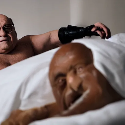 Prompt: Danny DeVito on a bed with The Predator, cinematic, studio light, 8K,