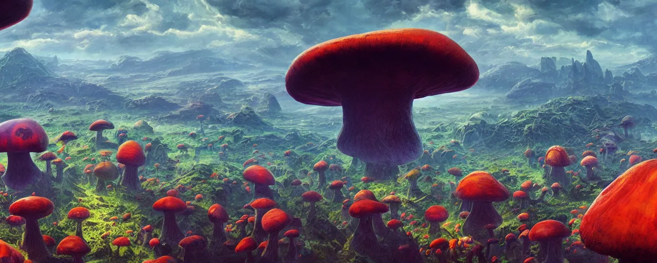 Prompt: ” aerial view of an otherwordly terrain with giant mushrooms, [ cinematic, detailed, epic, widescreen, opening, establishing, mattepainting, photorealistic, realistic textures, octane render, art by paul lehr ] ”