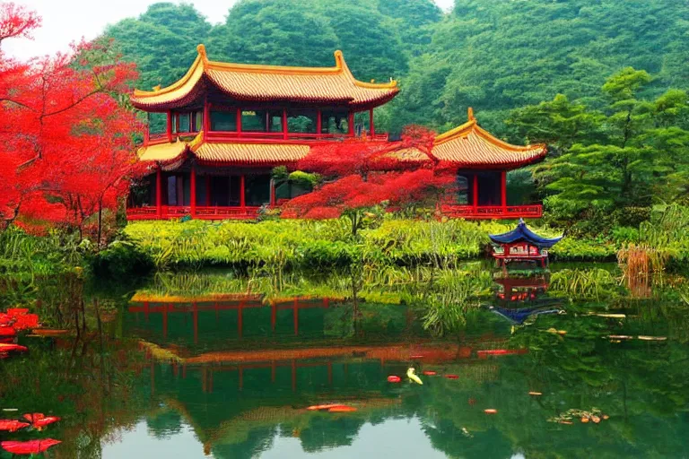 Image similar to a two - floor traditional chinese wood house in a serene landscape, waterlily pond, chinese shanshui painting, bright color