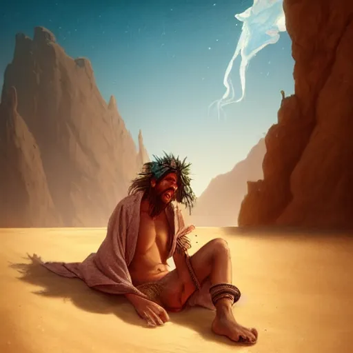 Image similar to a desert vagabond wearing a tattered robe lounging next to an oasis surrounded by sand dunes, by wlop and peter mohrbacher, extremely detailed shading, concept art, digital painting, trending on artstation, unreal engine 5, octane render, atmosphere, glow, cinematic lighting, full of color