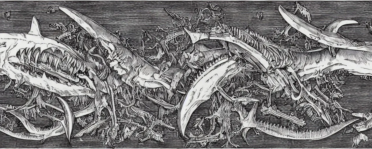 Prompt: Elaborate isometric wallpaper print of A Giant Shark Skeleton in the Sonora Desert in the style of Albrecht Durer and Martin Schongauer, high contrast!! finely carved woodcut engraving black and white crisp edges