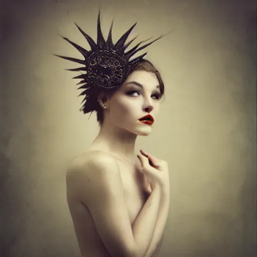 Prompt: a portrait of female model by anka zhuravleva and peter kemp, dark fantasy, ornate headpiece, dark beauty, photorealistic, canon r 3,