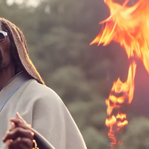 Image similar to cinematic film still of Snoop Dogg starring as a Samurai holding fire, Japanese CGI, VFX, 2022, 50mm lens, shallow depth of field, film photography