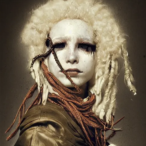 Image similar to portrait of a Shibari rope wrapped face and neck, headshot, insanely nice professional hair style, dramatic hair color, digital painting, of a old 18th century, tourist, wrap around eye patch, amber jewels, baroque, ornate clothing, scifi, realistic, hyper detailed, child, chiaroscuro, concept art, art by Franz Hals and Jon Foster and Ayami Kojima and Amano and Karol Bak,